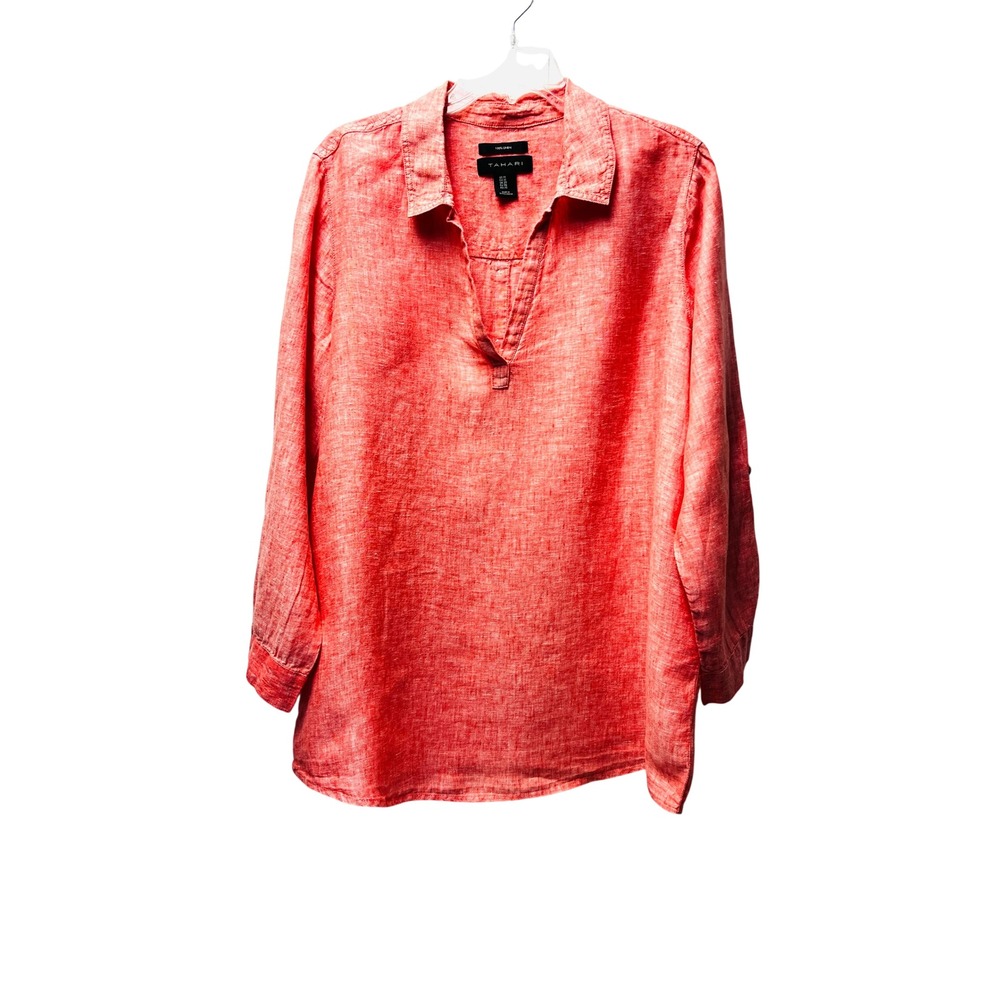 Tahari 1X Coral Linen Tunic Top Back Button Detail Lagenlook Resort Wear Beachy
